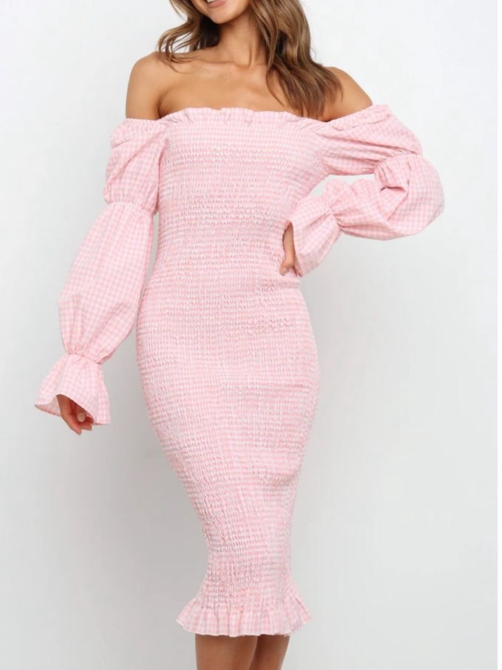 SNDYS Courtney Midi Blush Pink Gingham Shirred Fitted Stretch Dress US 4